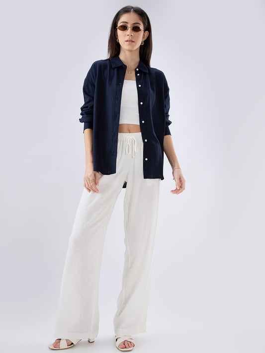 Solid Navy Linen Blend Oversized Shirt