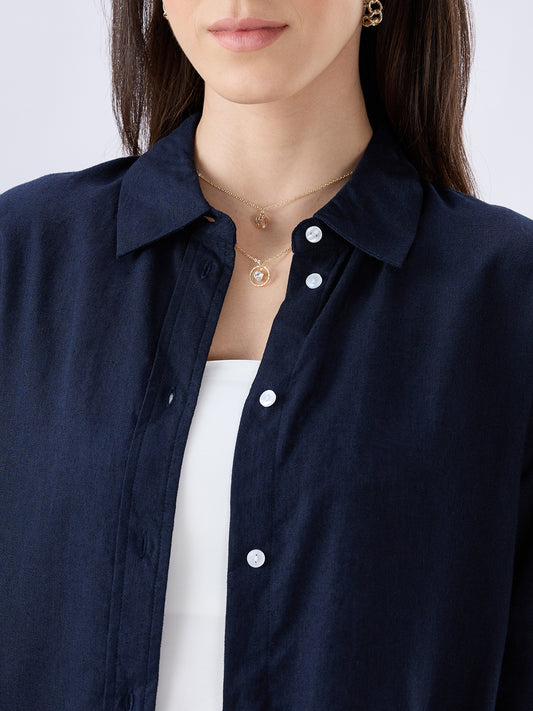 Solid Navy Linen Blend Oversized Shirt