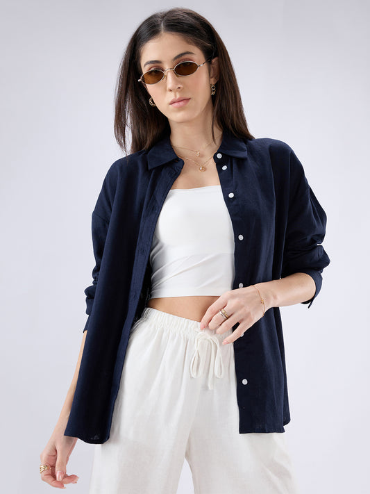 Solid Navy Linen Blend Oversized Shirt