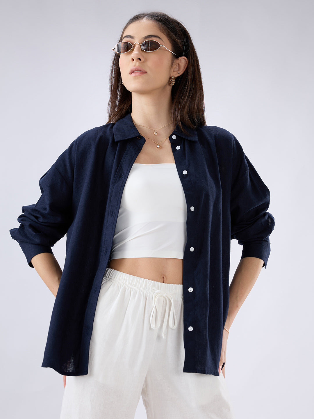 Solid Navy Linen Blend Oversized Shirt