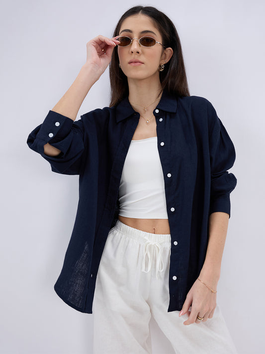 Solid Navy Linen Blend Oversized Shirt
