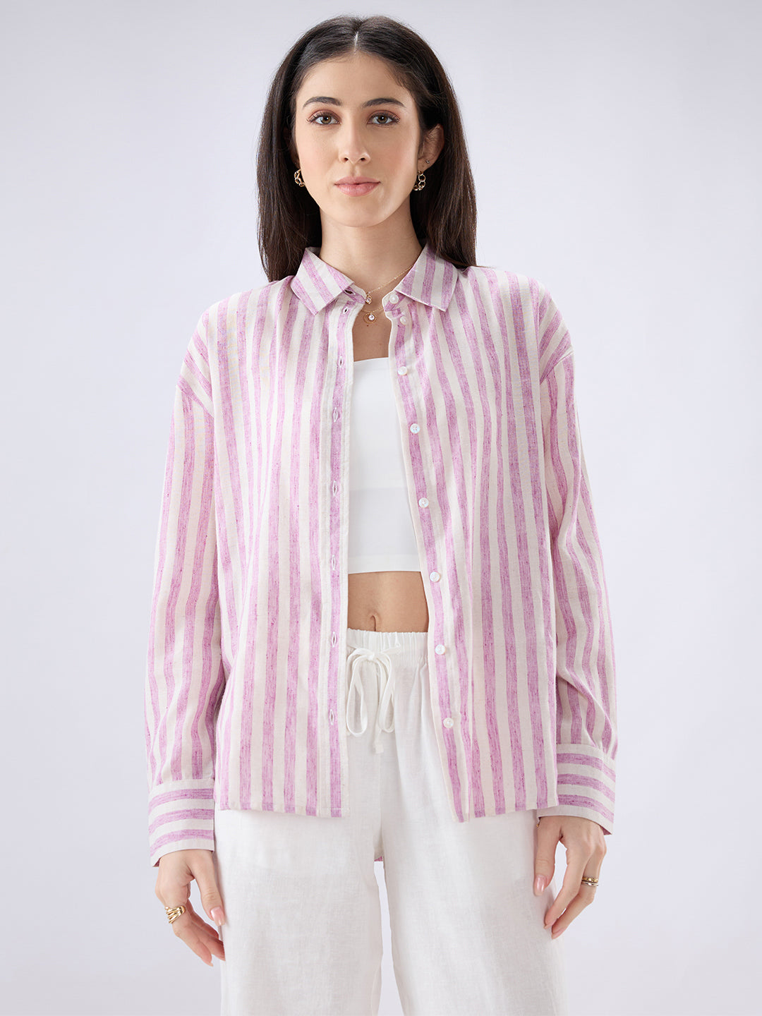 Pink and White Vertical Striped Oversized Shirt