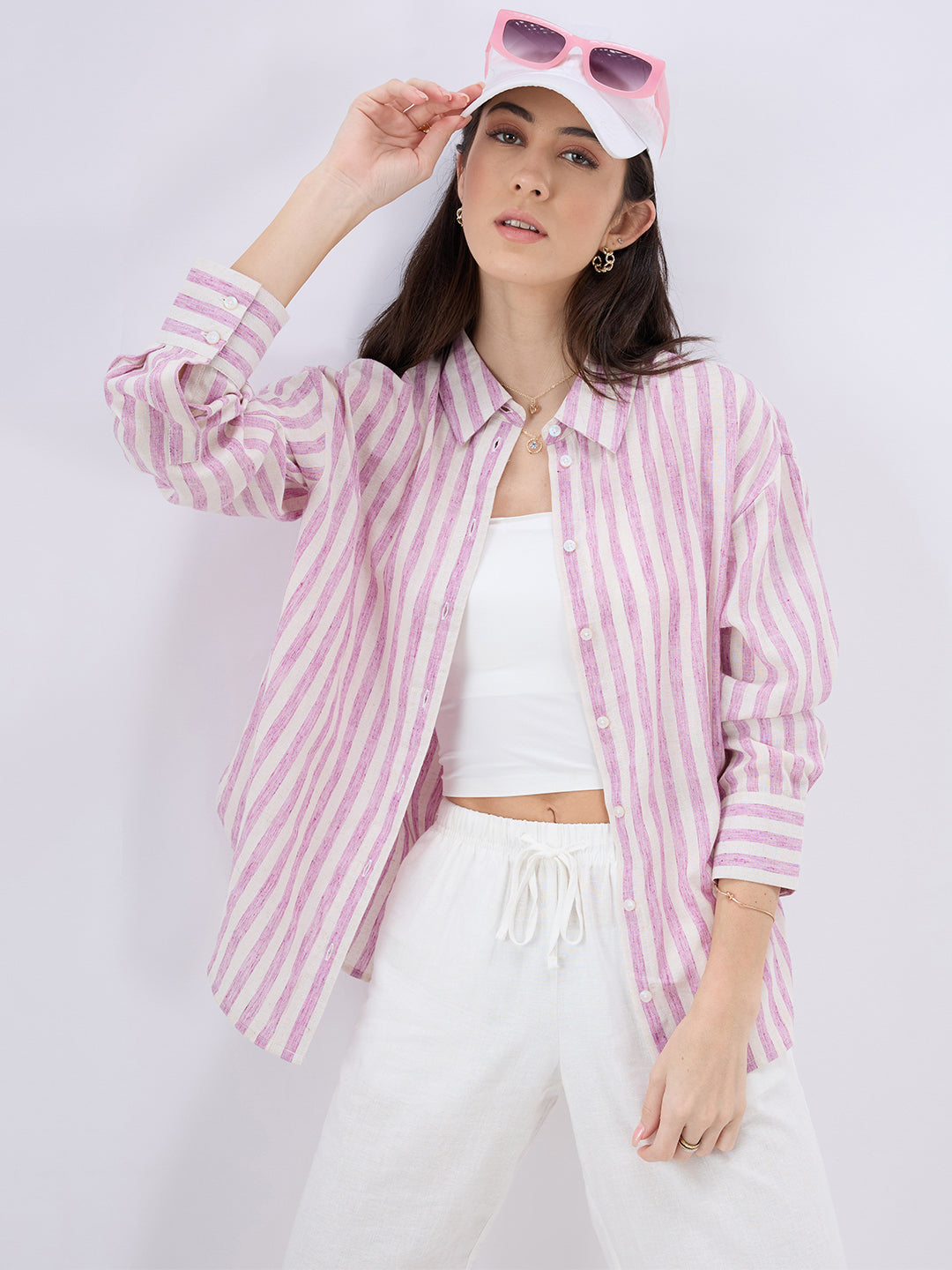 Pink and White Vertical Striped Oversized Shirt