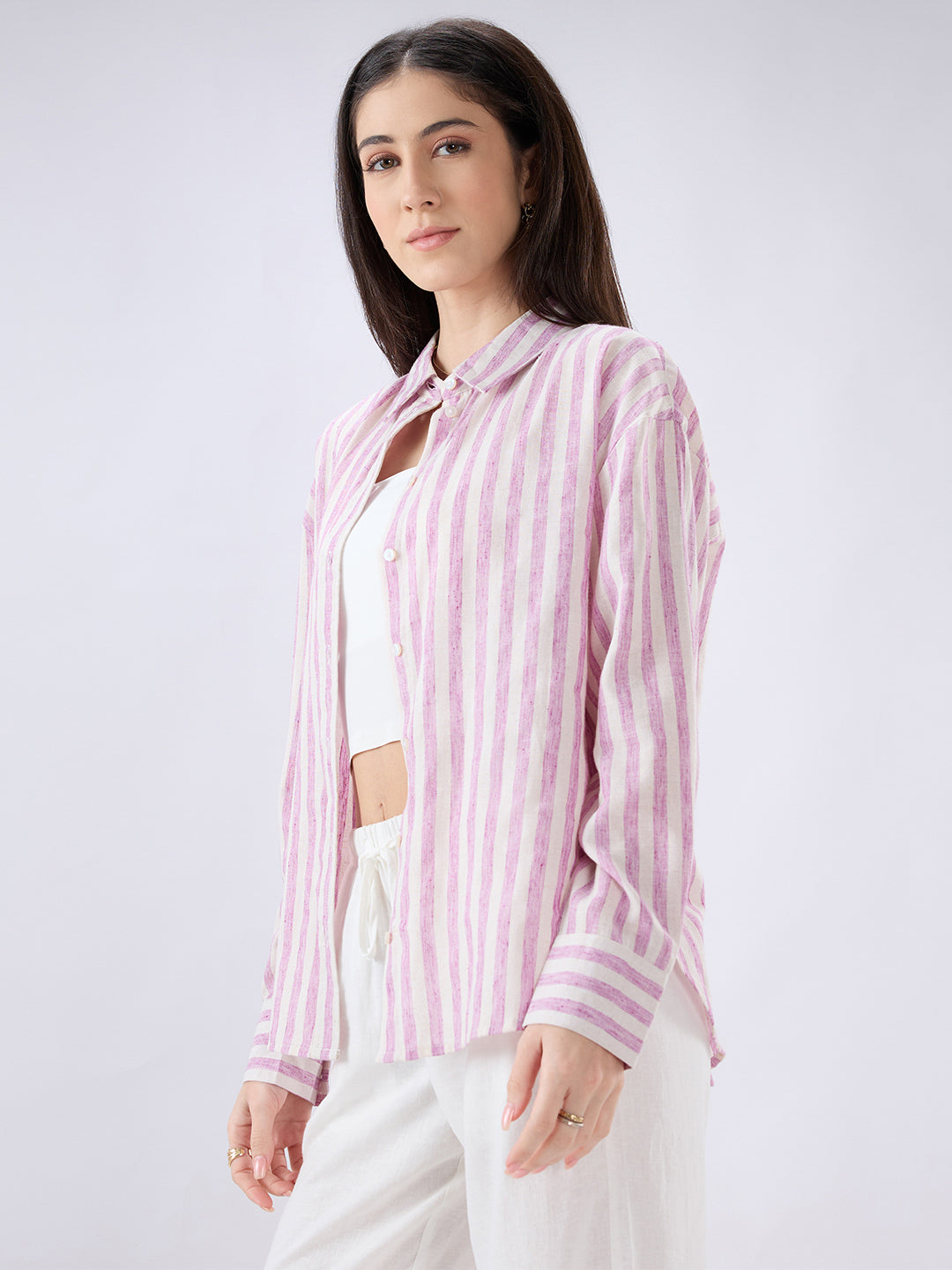 Pink and White Vertical Striped Oversized Shirt