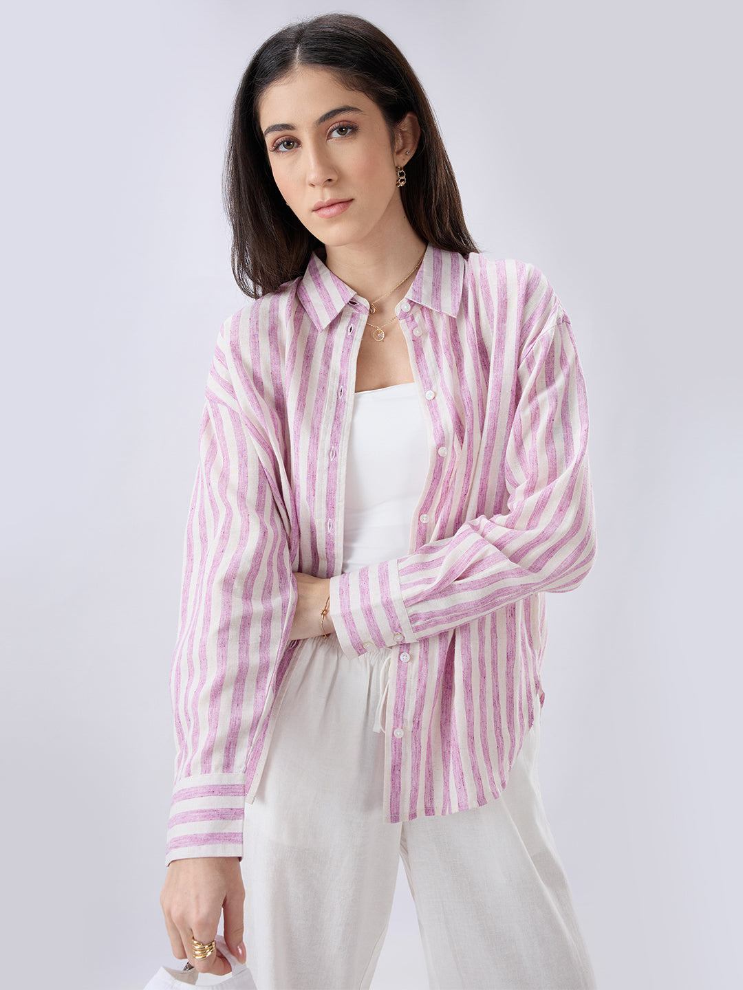 Pink and White Vertical Striped Oversized Shirt