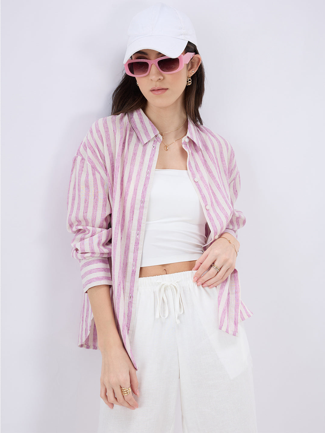 Pink and White Vertical Striped Oversized Shirt