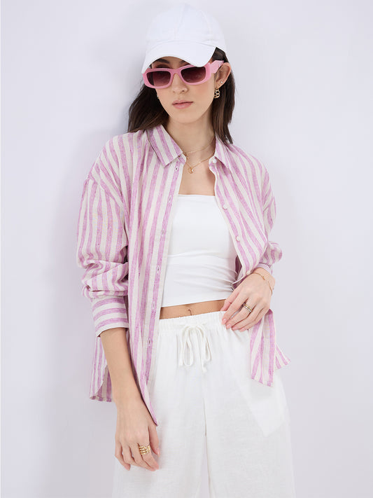 Pink and White Vertical Striped Oversized Shirt