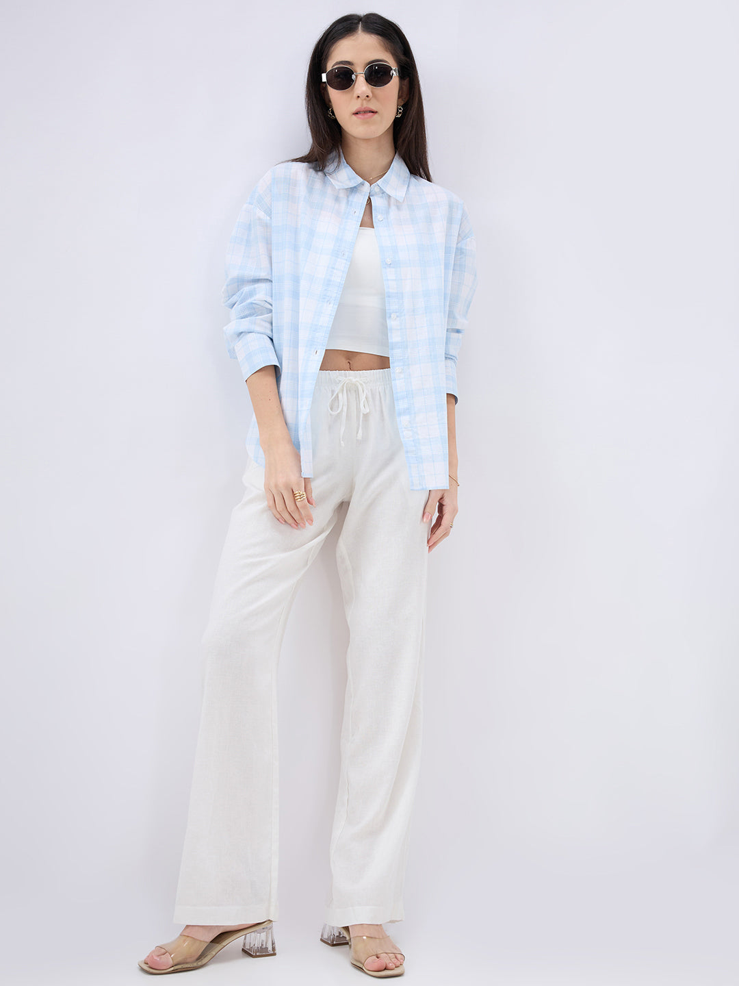 Soft Sky Blue Tartan Checked Oversized Shirt