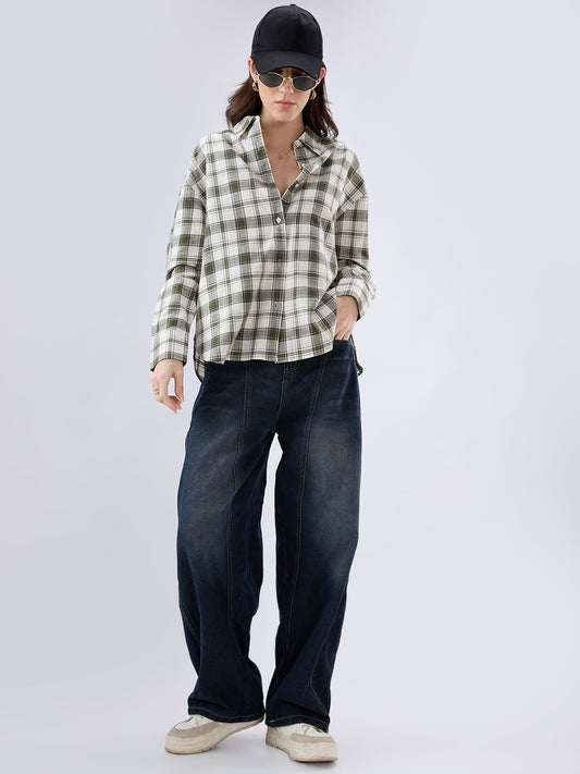 Olive & White Tartan Checkered Oversized Shirt