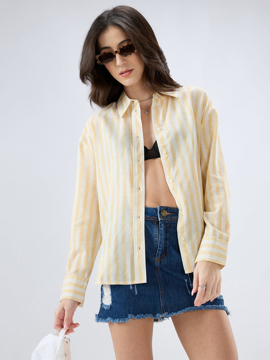Yellow and White Vertical striped Oversized Shirt