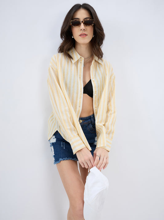 Yellow and White Vertical striped Oversized Shirt