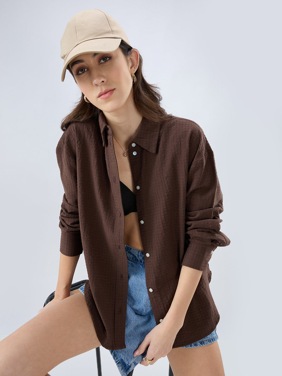 Brown Seersucker Textured Oversized Shirt