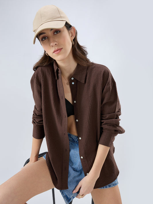 Brown Seersucker Textured Oversized Shirt