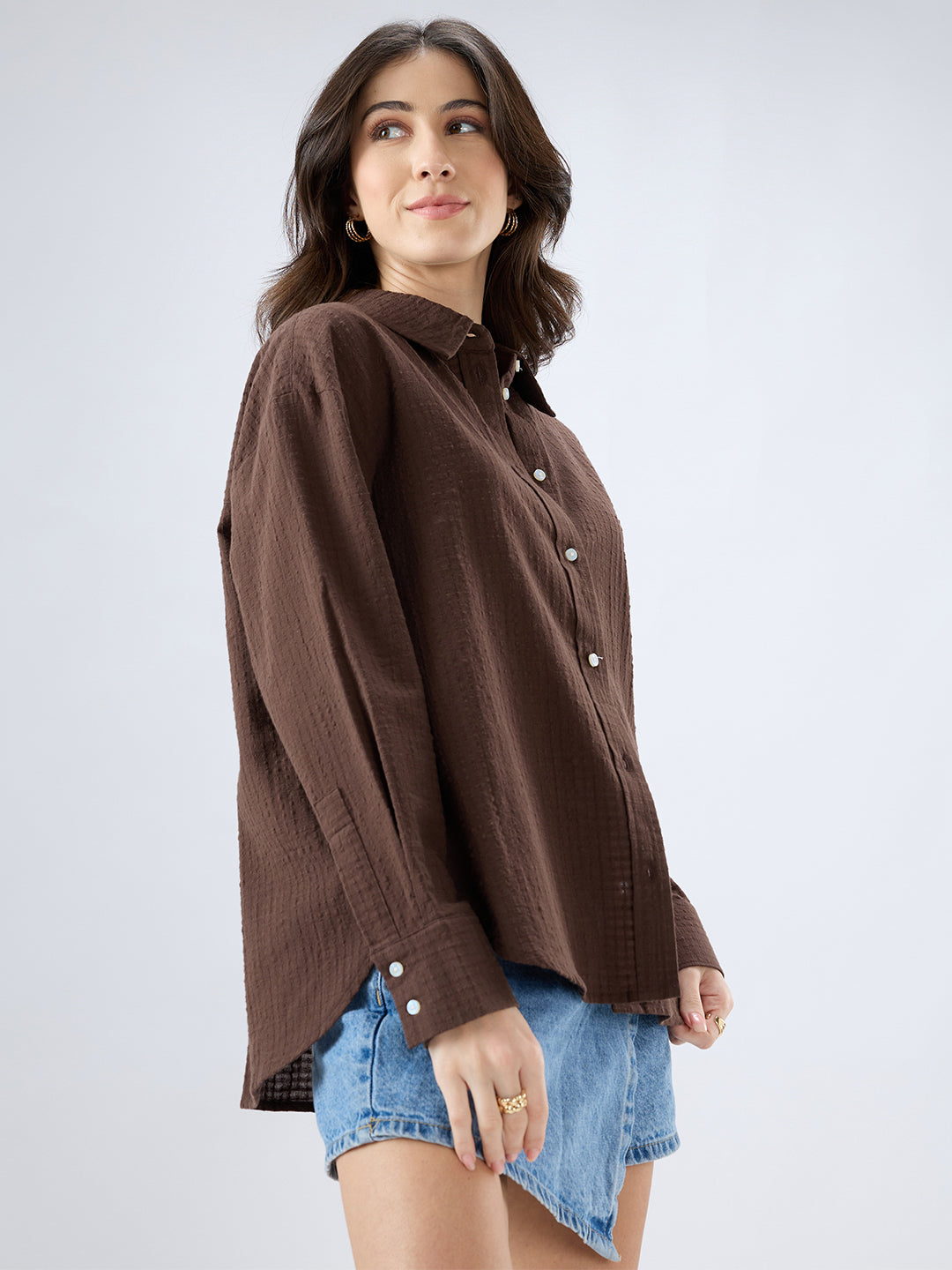 Brown Seersucker Textured Oversized Shirt