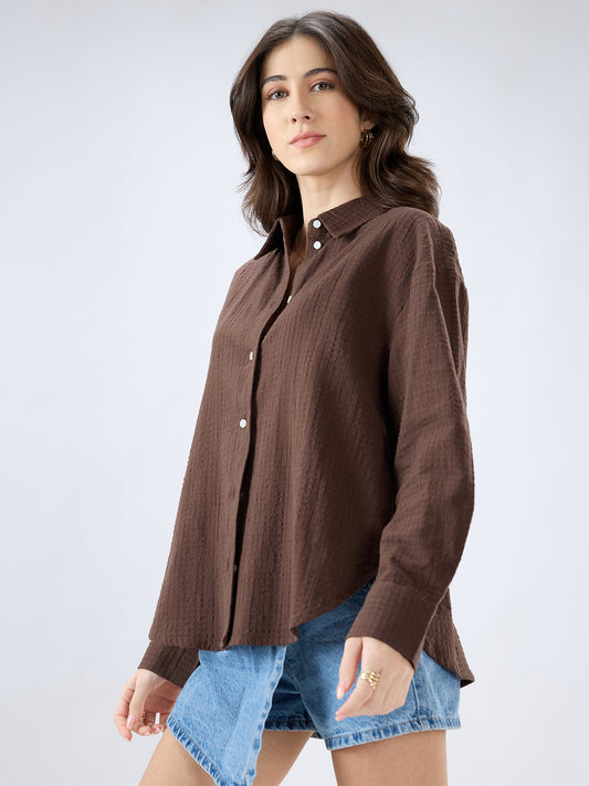 Brown Seersucker Textured Oversized Shirt
