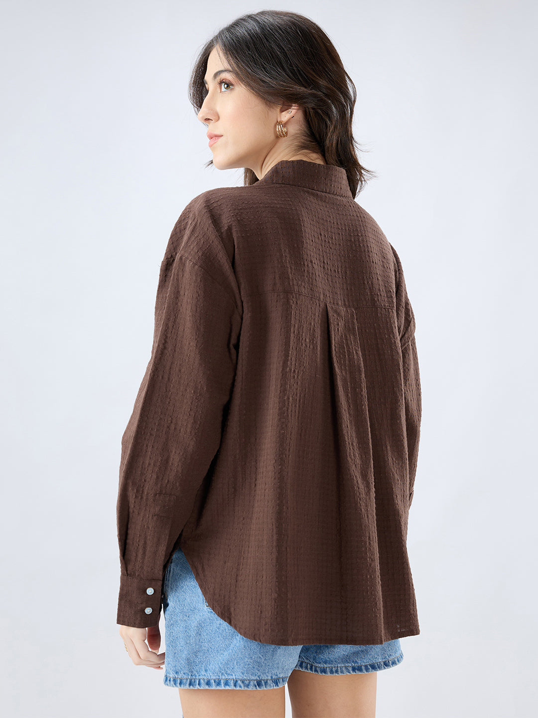 Brown Seersucker Textured Oversized Shirt