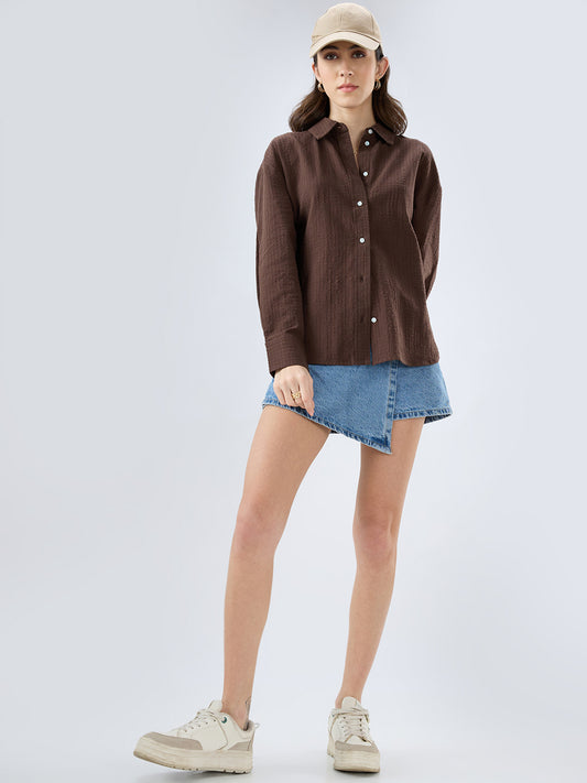 Brown Seersucker Textured Oversized Shirt