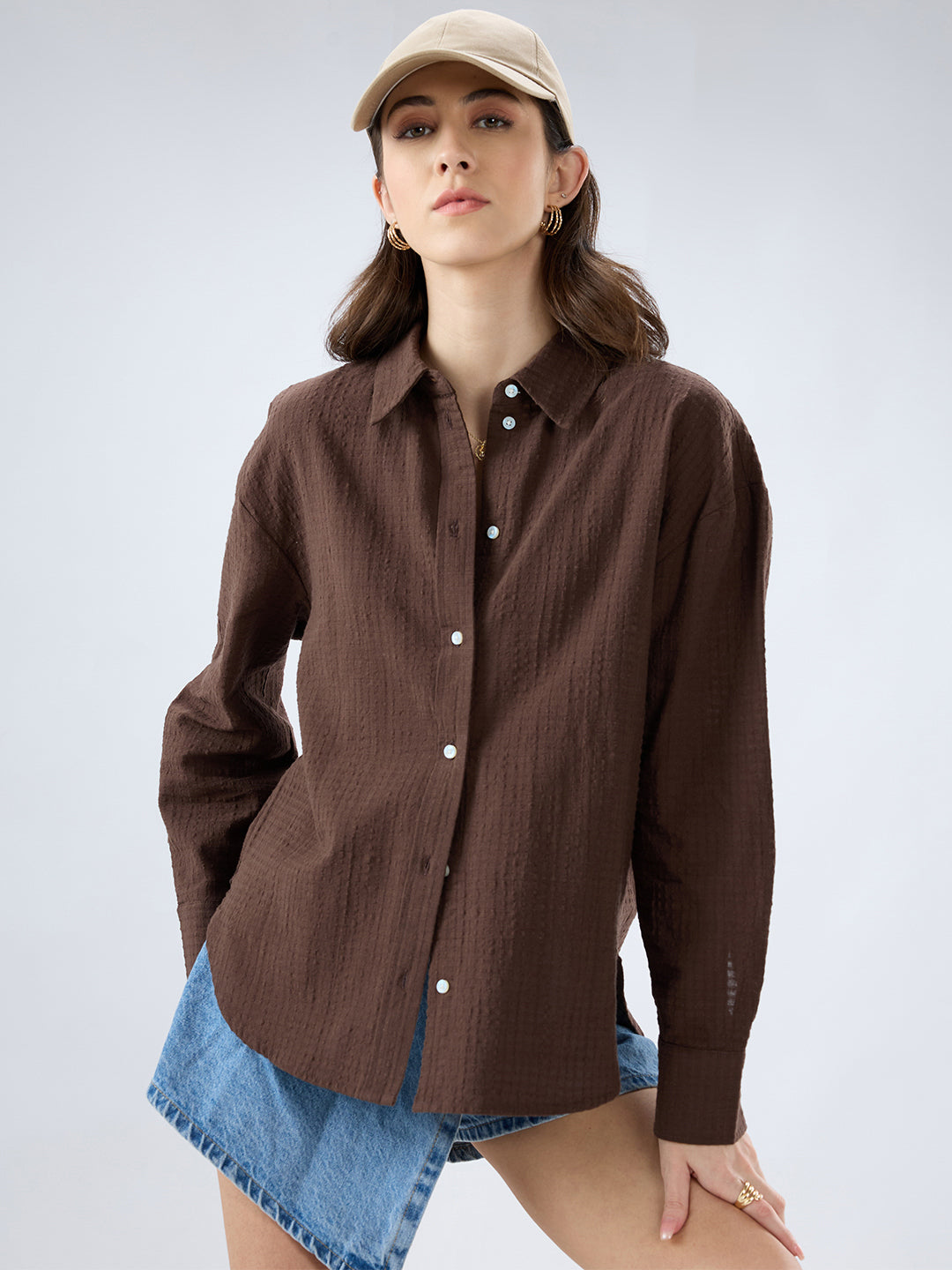 Brown Seersucker Textured Oversized Shirt