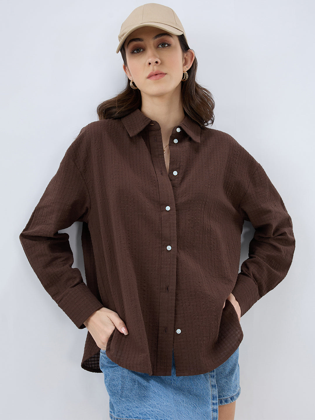 Brown Seersucker Textured Oversized Shirt