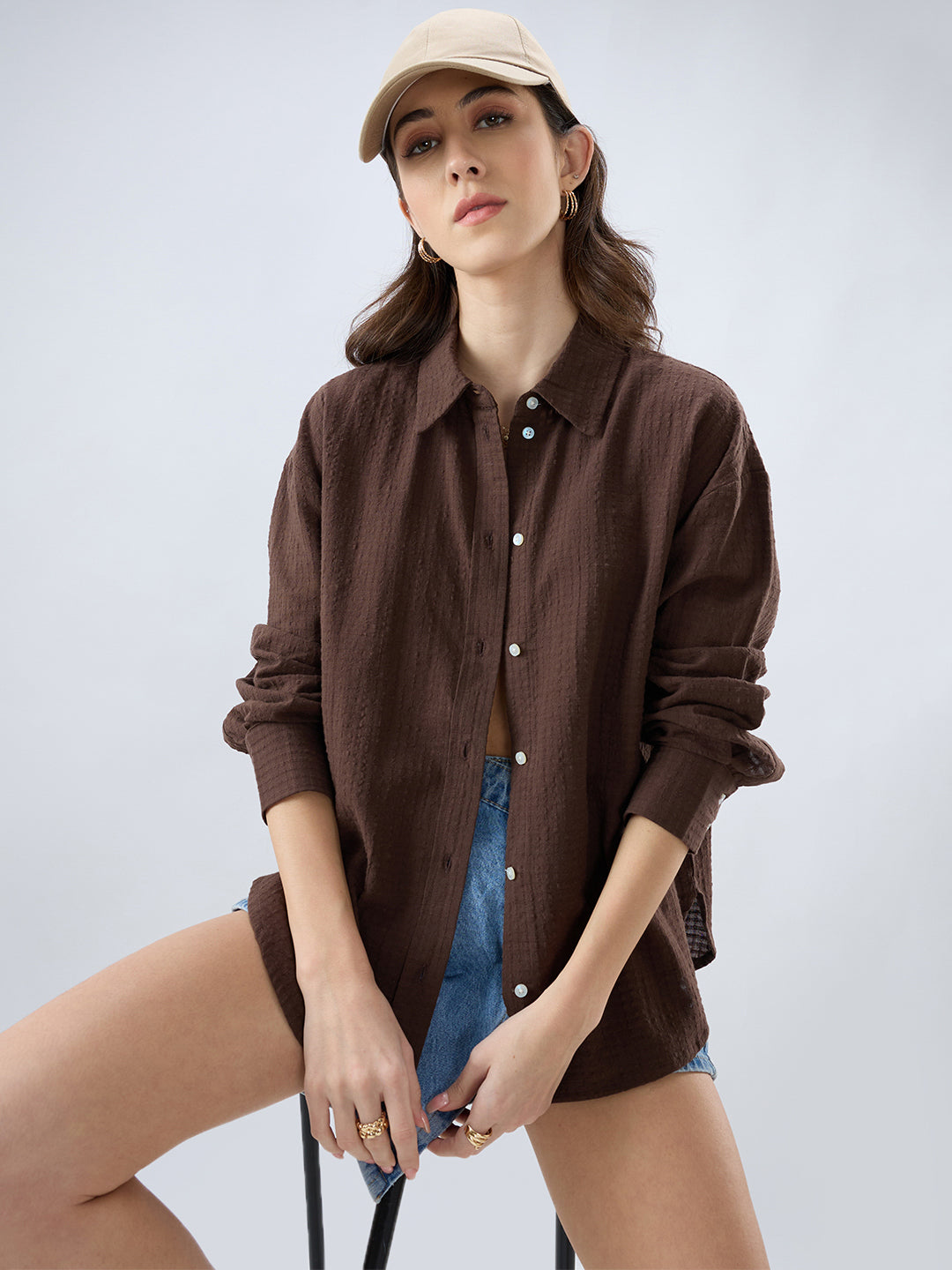 Brown Seersucker Textured Oversized Shirt