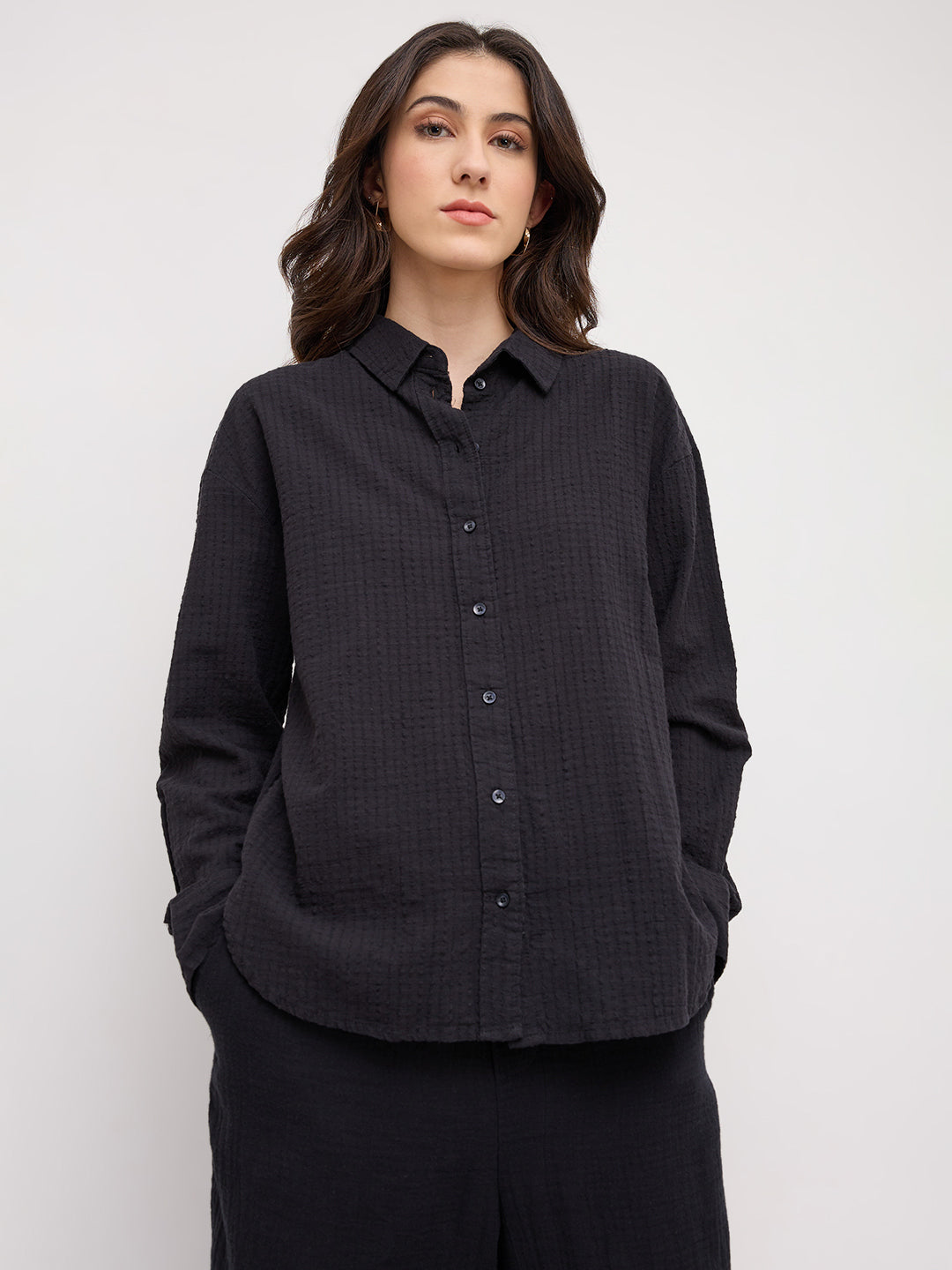 Jet Black Seersucker Textured Oversized Shirt