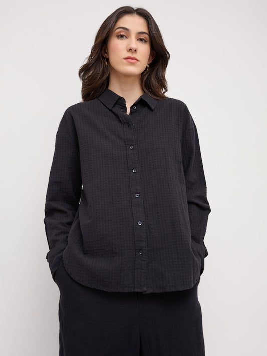 Jet Black Seersucker Textured Oversized Shirt