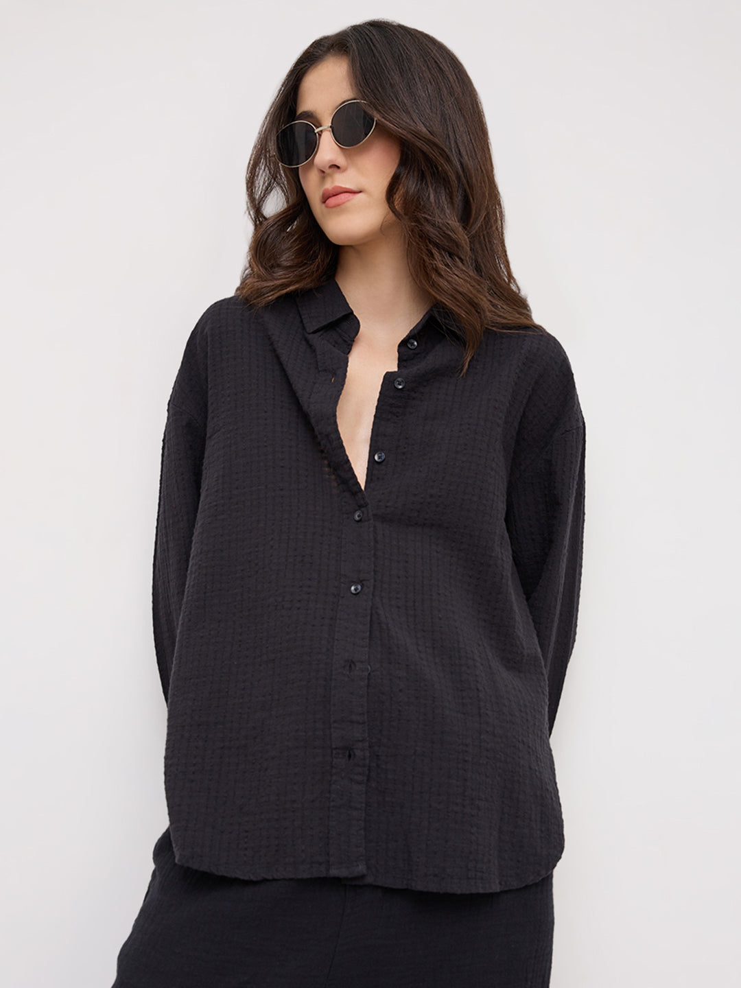 Jet Black Seersucker Textured Oversized Shirt