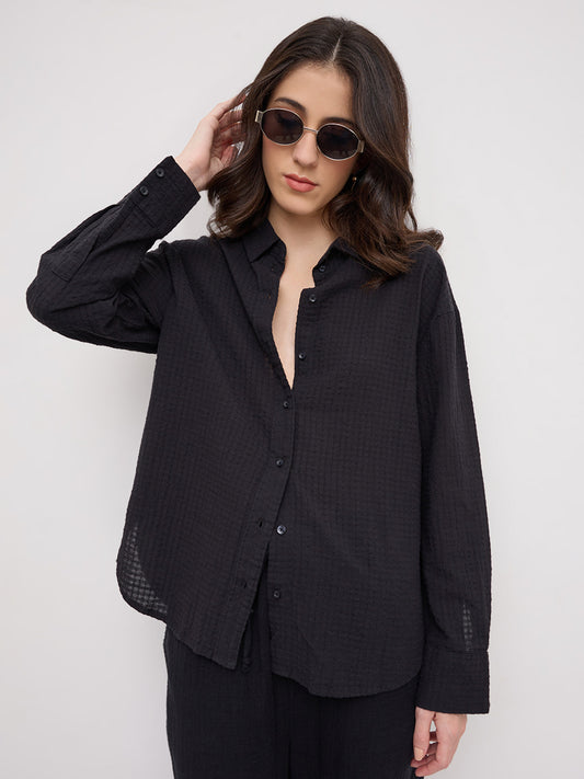 Jet Black Seersucker Textured Oversized Shirt