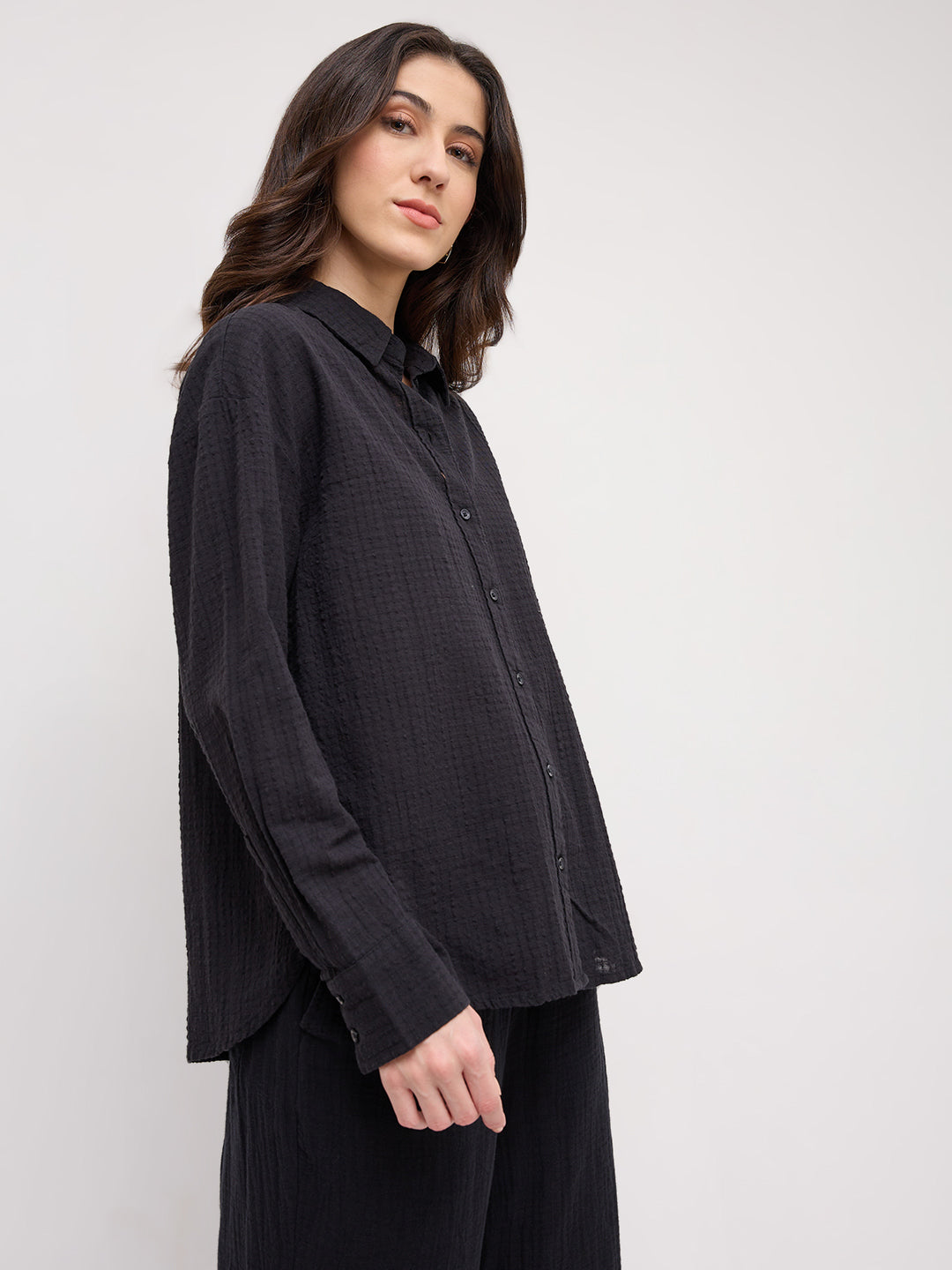 Jet Black Seersucker Textured Oversized Shirt