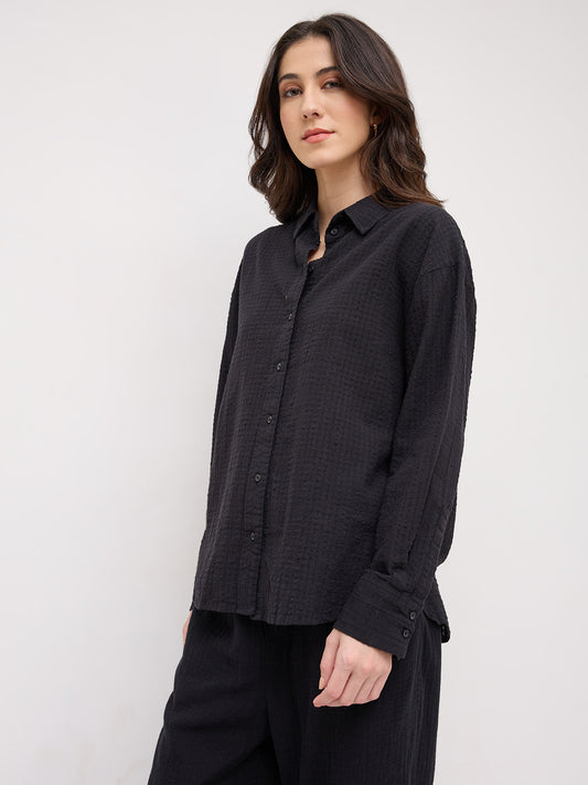 Jet Black Seersucker Textured Oversized Shirt