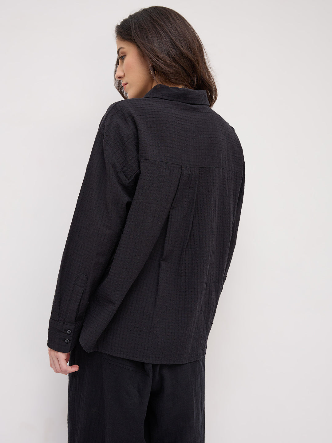 Jet Black Seersucker Textured Oversized Shirt