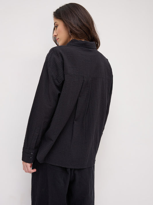 Jet Black Seersucker Textured Oversized Shirt