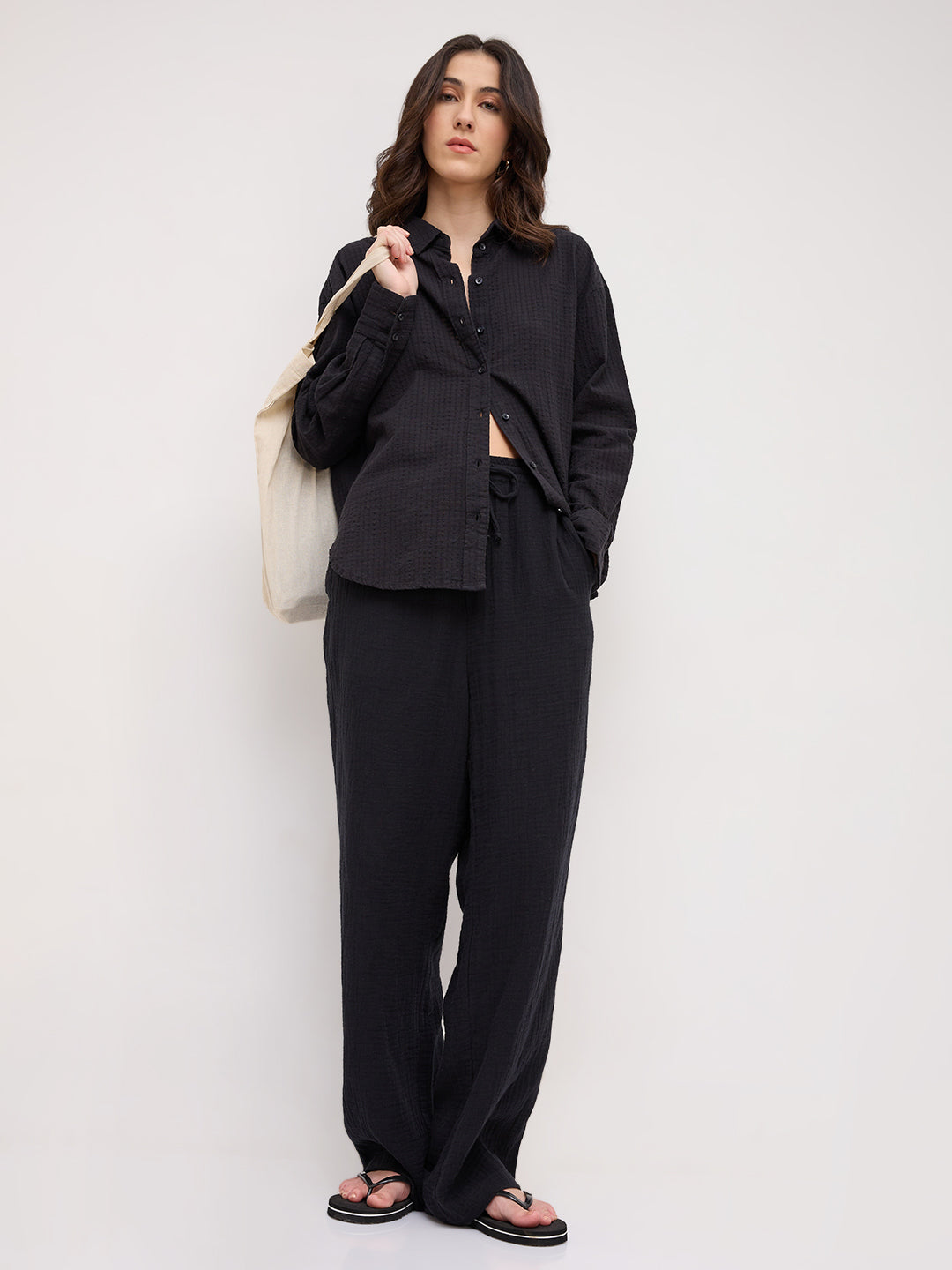 Jet Black Seersucker Textured Oversized Shirt