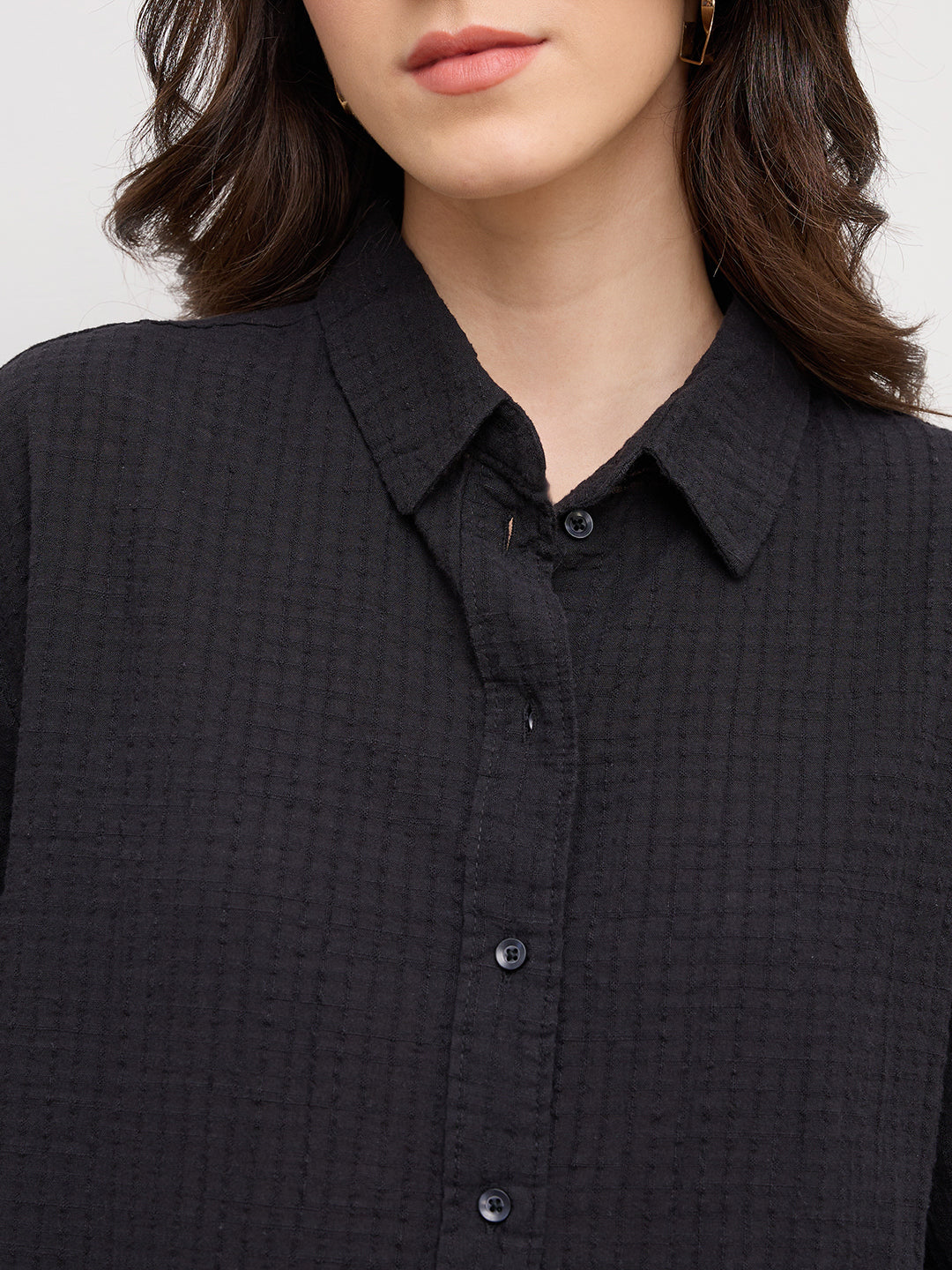 Jet Black Seersucker Textured Oversized Shirt