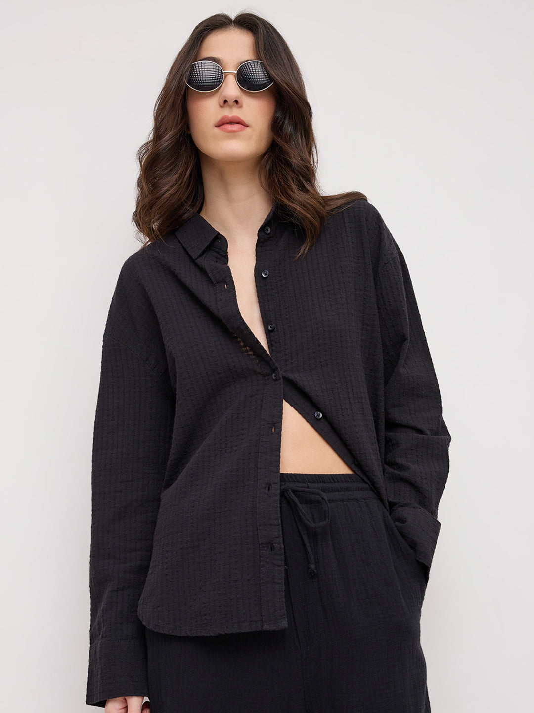 Jet Black Seersucker Textured Oversized Shirt