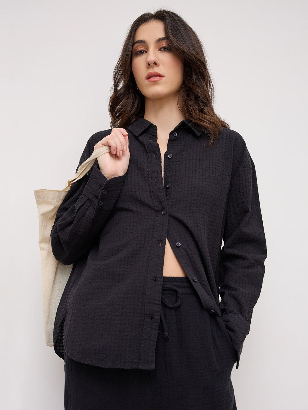 Jet Black Seersucker Textured Oversized Shirt