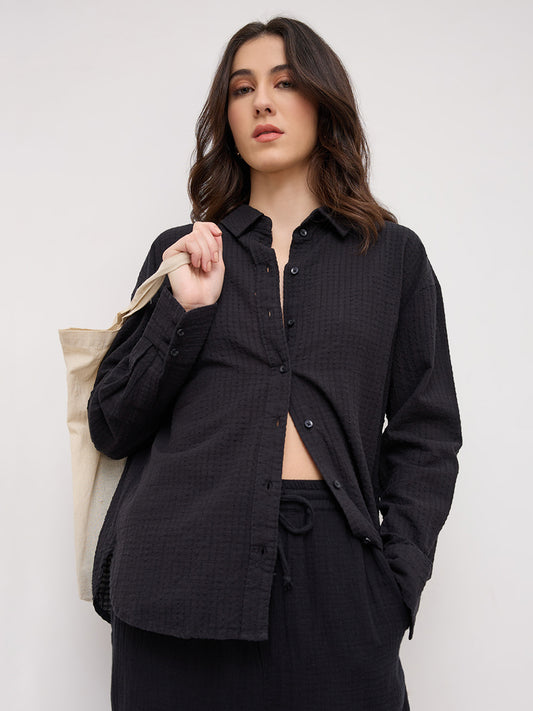 Jet Black Seersucker Textured Oversized Shirt