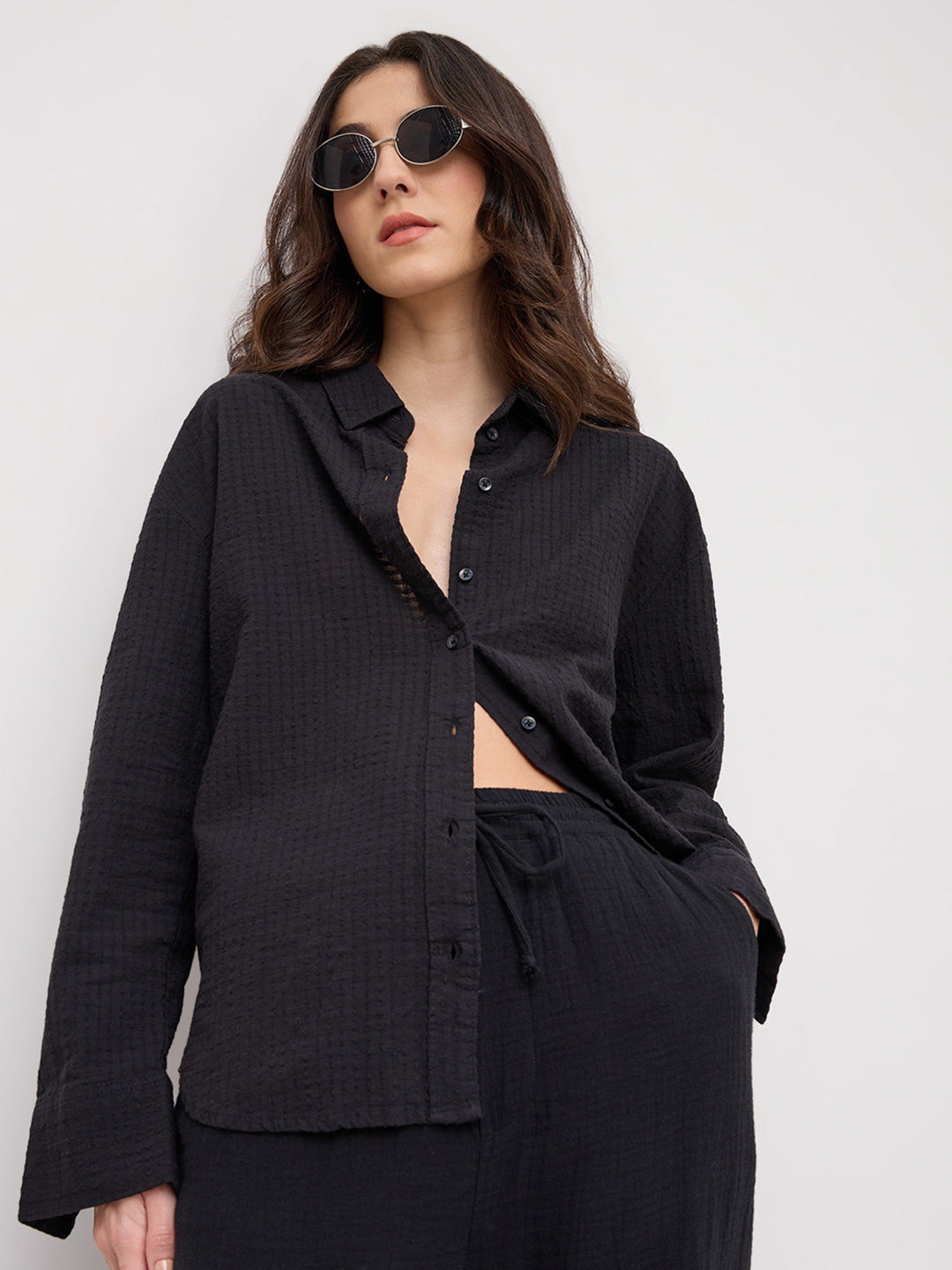 Jet Black Seersucker Textured Oversized Shirt