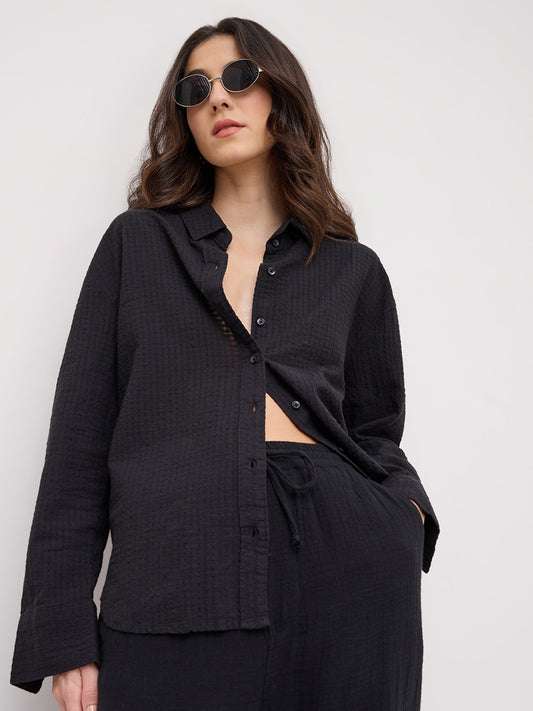 Jet Black Seersucker Textured Oversized Shirt