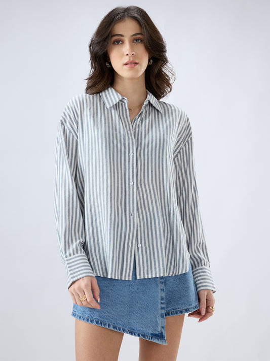 Grey & White Balanced Stripe Oversized Shirt