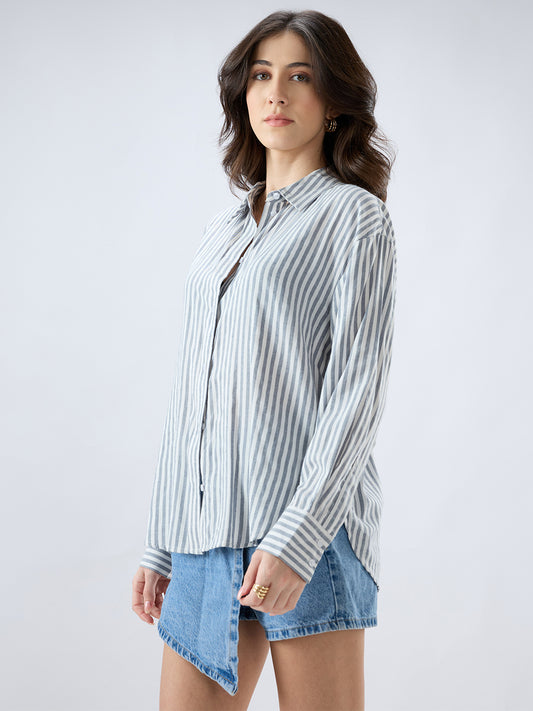 Grey & White Balanced Stripe Oversized Shirt