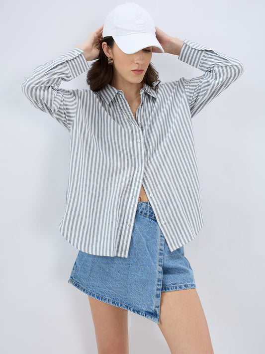 Grey & White Balanced Stripe Oversized Shirt