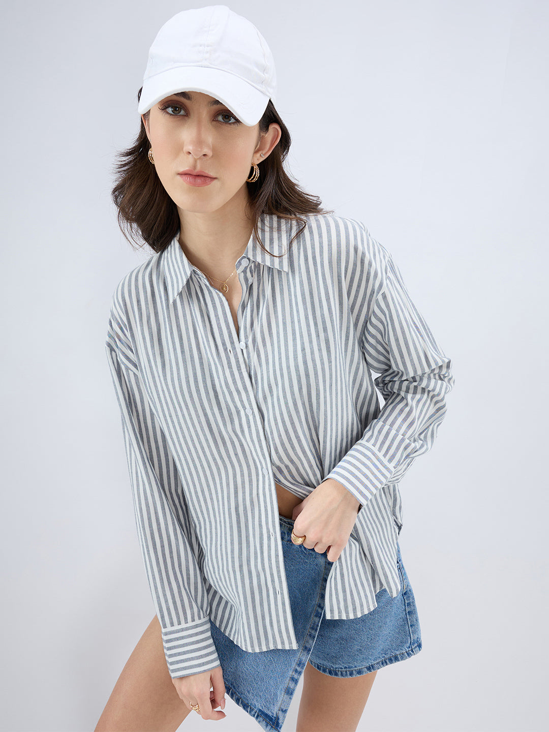 Grey & White Balanced Stripe Oversized Shirt