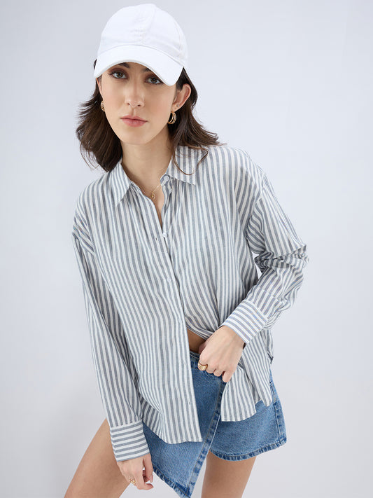 Grey & White Balanced Stripe Oversized Shirt