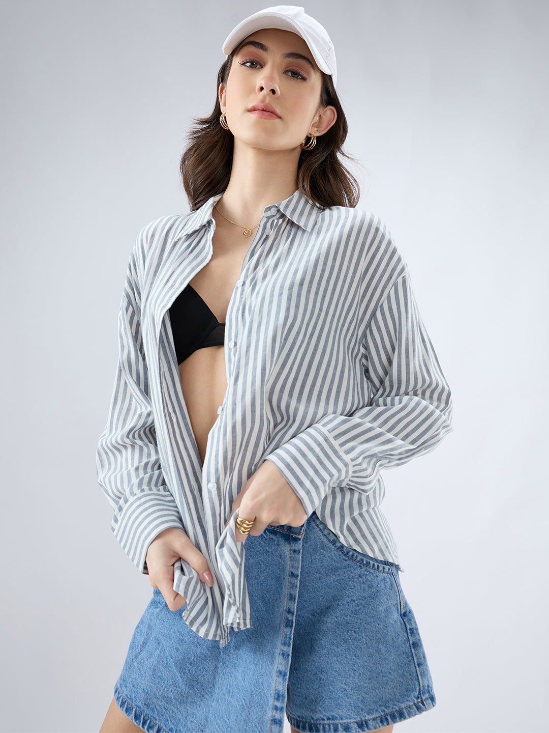 Grey & White Balanced Stripe Oversized Shirt