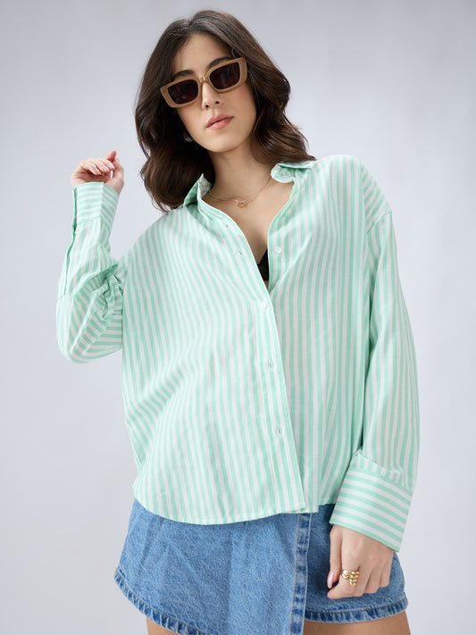 Green & White Balanced Stripe Oversized Shirt