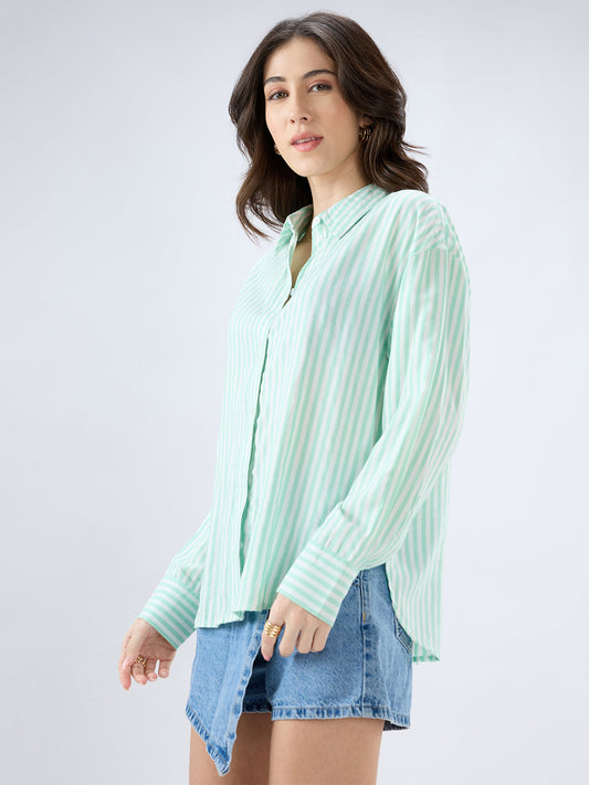 Green & White Balanced Stripe Oversized Shirt