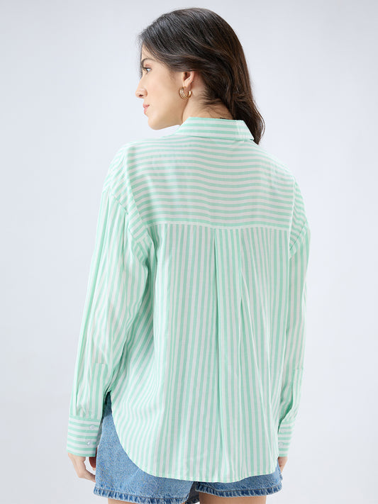 Green & White Balanced Stripe Oversized Shirt