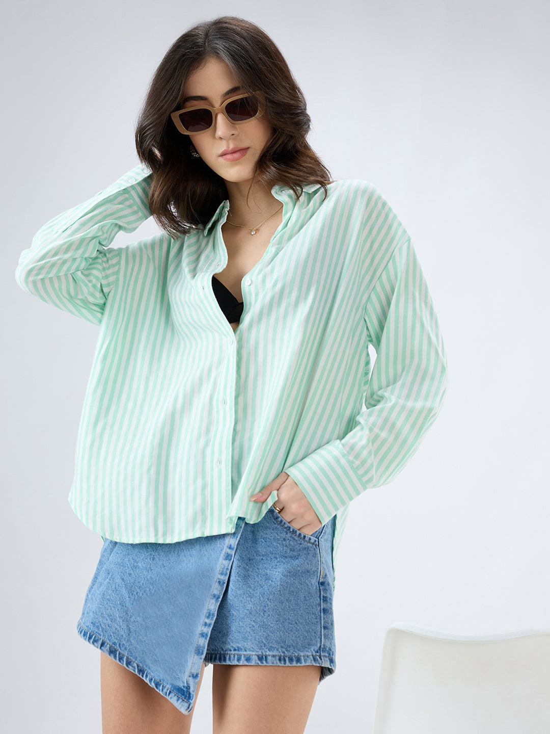 Green & White Balanced Stripe Oversized Shirt