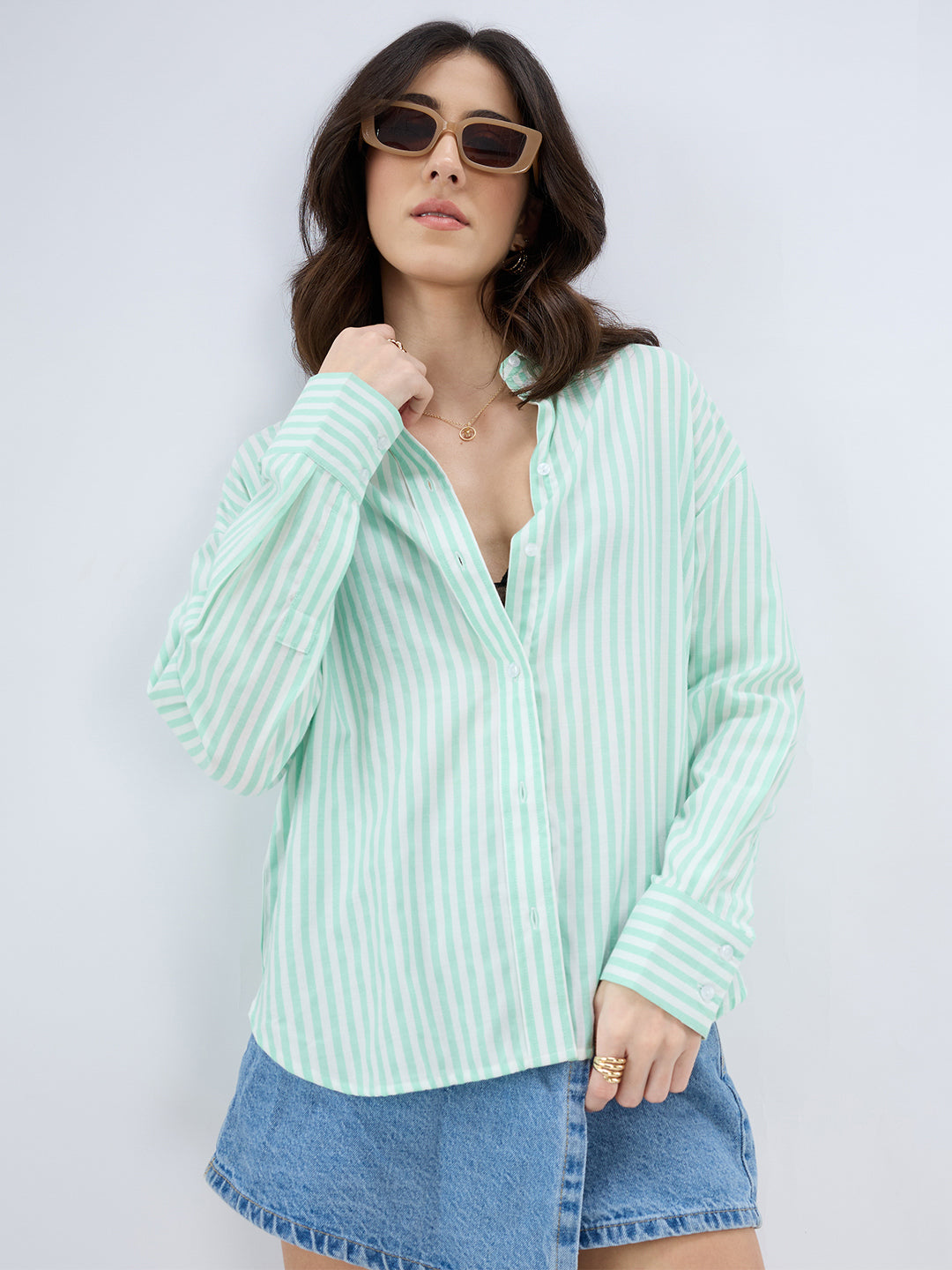 Green & White Balanced Stripe Oversized Shirt